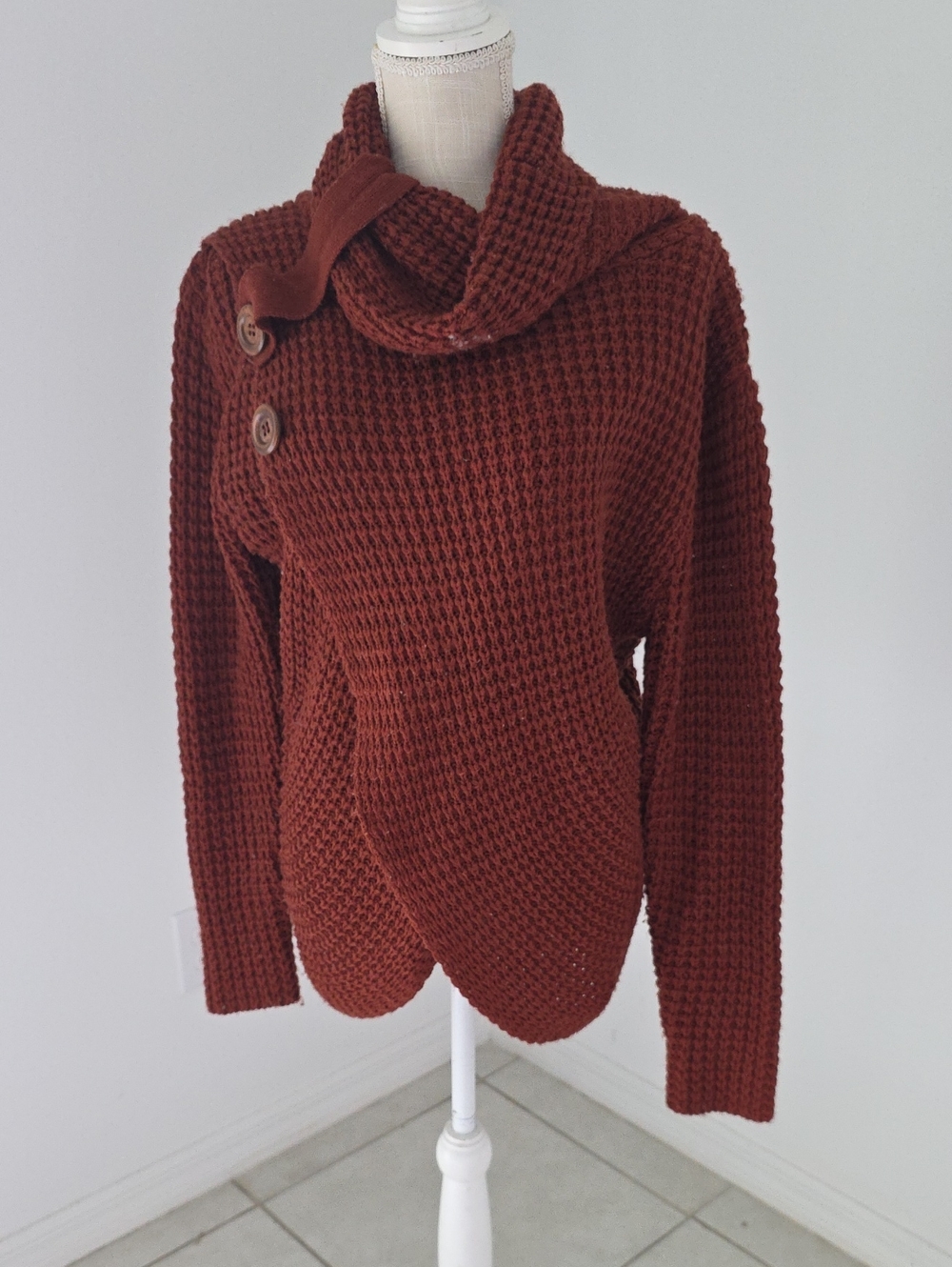 Zenana Outfitters Rust Waffle Knit Cowl Neck Sweater with Buttons